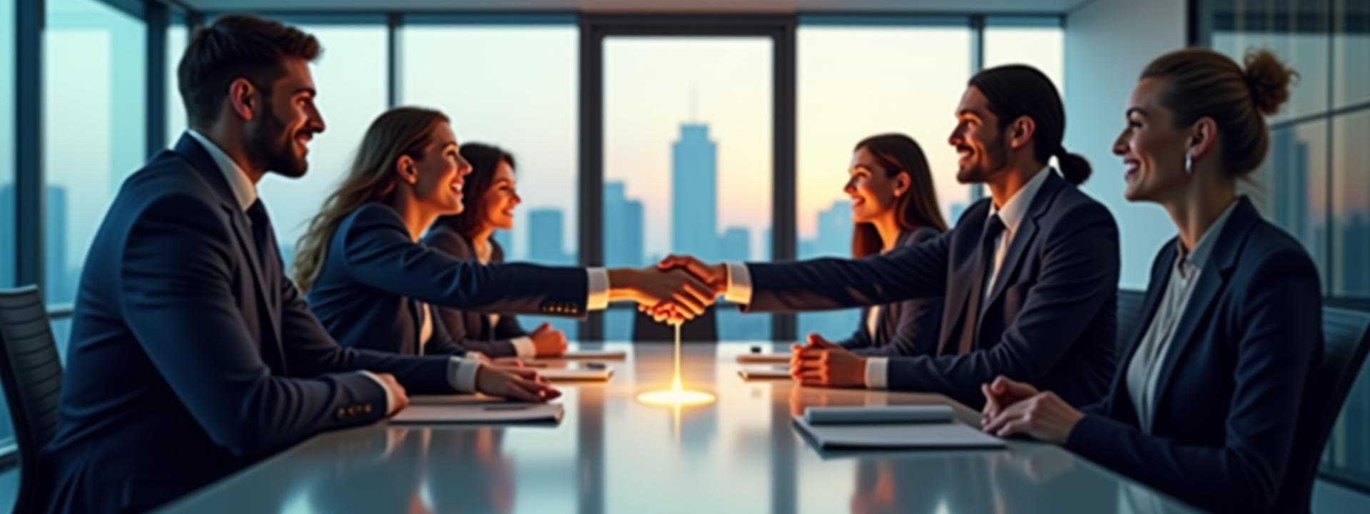 Diverse Geschäftsleute schließen einen Deal ab und geben sich die Hand, symbolisiert den Erfolg interkultureller Verhandlung.