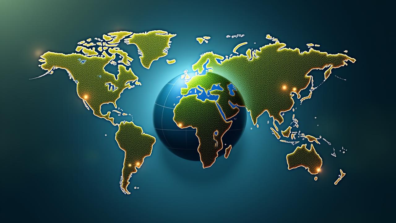 Stilisierte Weltkugel umgeben von grünen Blättern, symbolisiert globale Nachhaltigkeit und umweltbewusstes Wachstum.