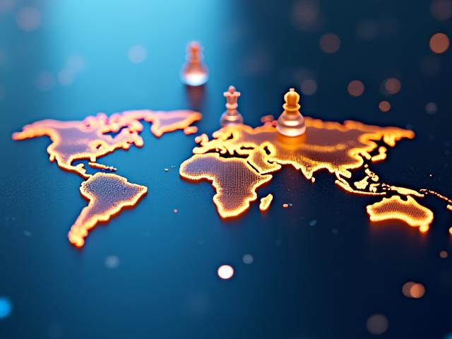 Stilisierte Weltkarte mit Hotspots und Schachfiguren, die strategisches Denken symbolisieren