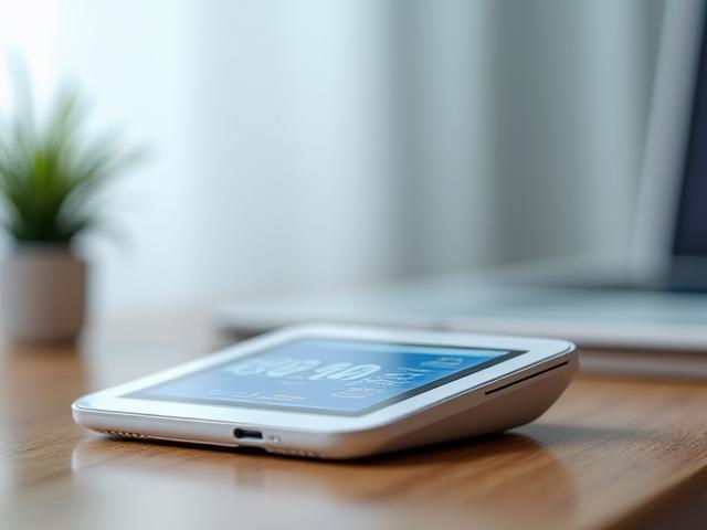 Professionelles Bild eines stilisierten, modernen E-Health-Geräts auf einem Tisch mit britischen und deutschen Flaggen im Hintergrund, verschwommen. Fokus auf Innovation und Markteintritt.