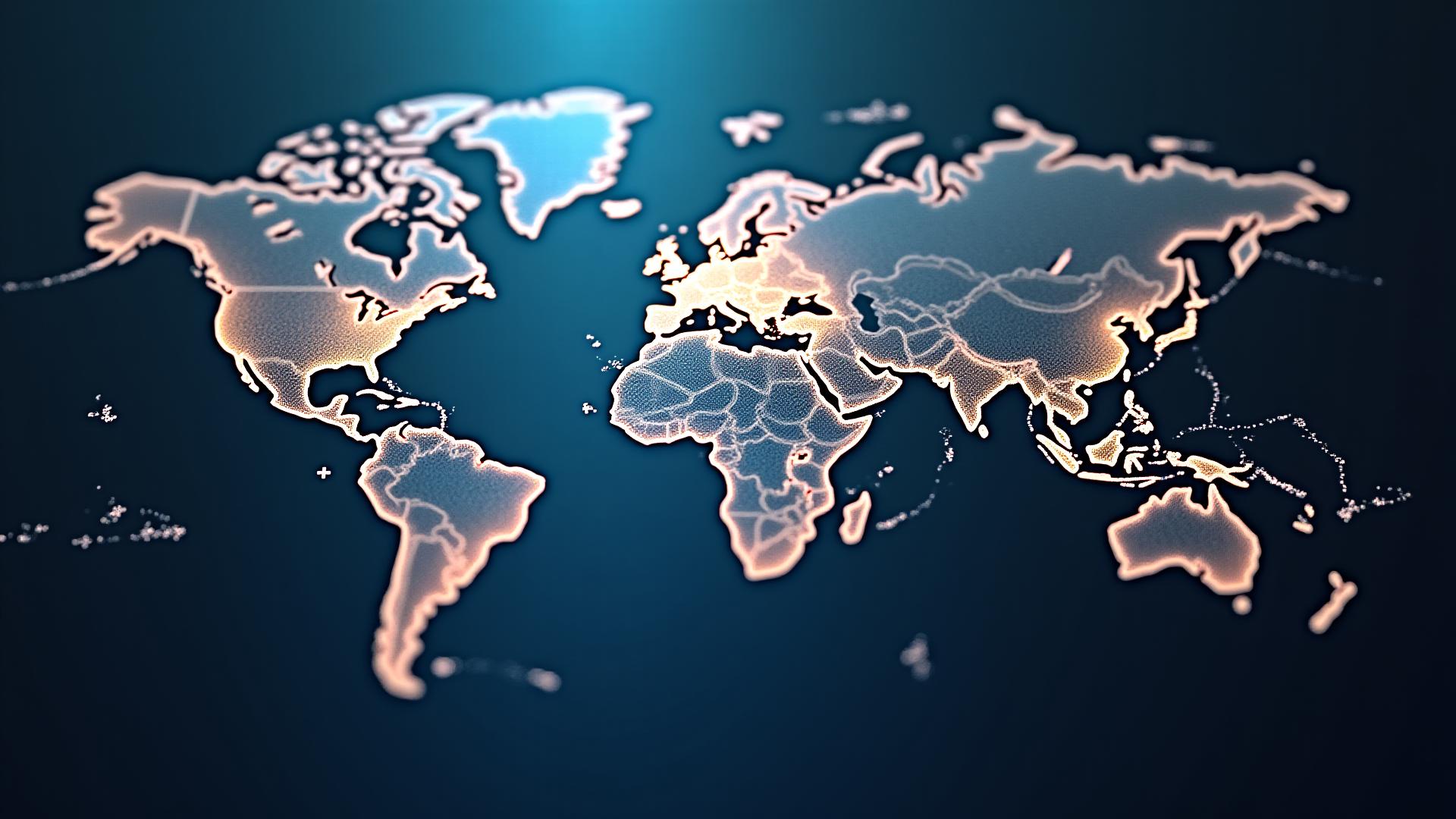 Stilisierte Weltkarte mit vernetzten Knotenpunkten als Kompass für globale Märkte.