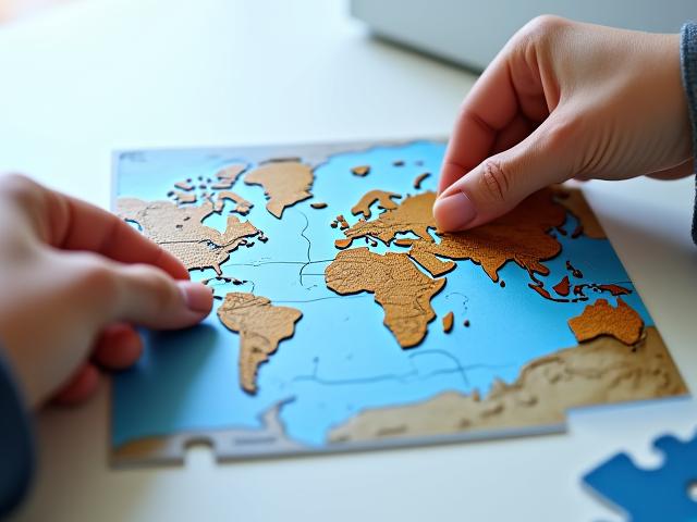 Zwei Hände fügen ein Puzzleteil zusammen, um eine Weltkarte zu vervollständigen.